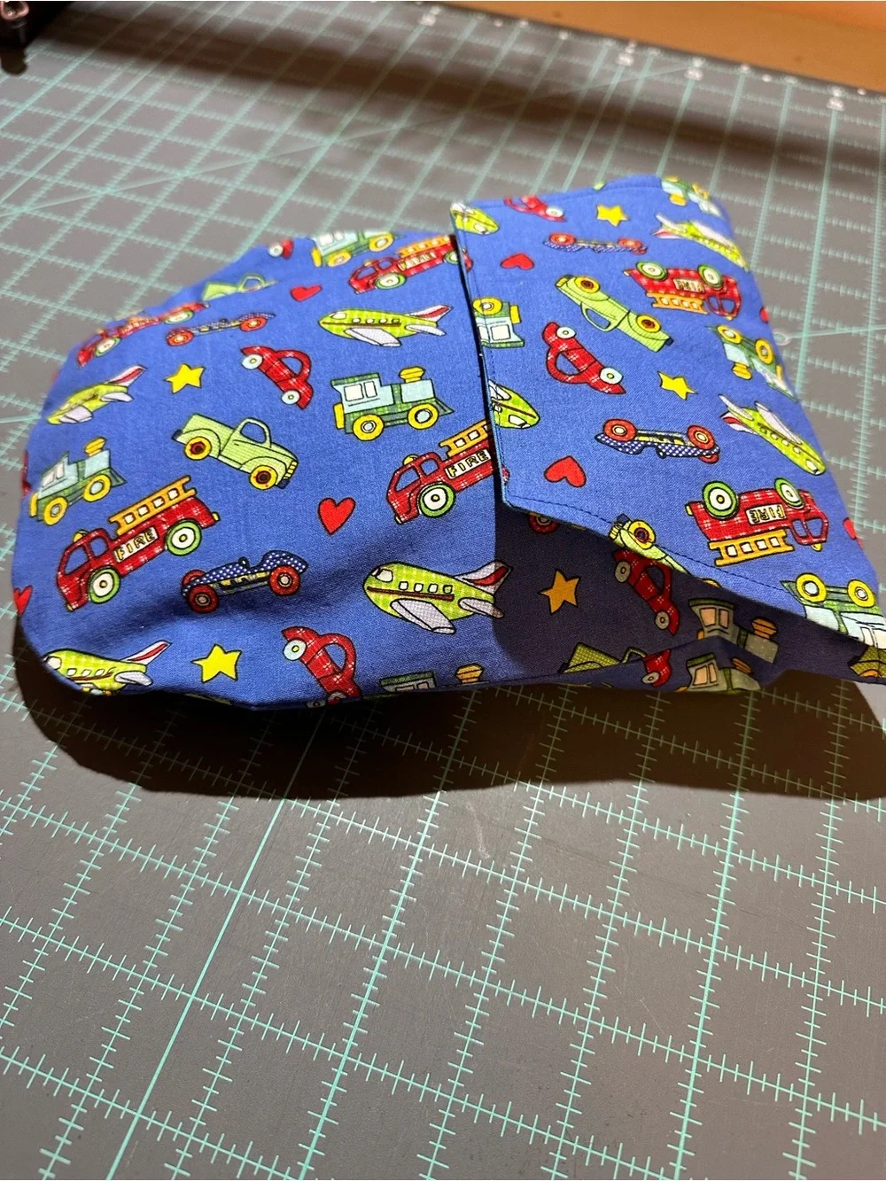Bib - Burp Cloth - Diaper Pouch Set in Blue Cotton Fabric, Transportation Print